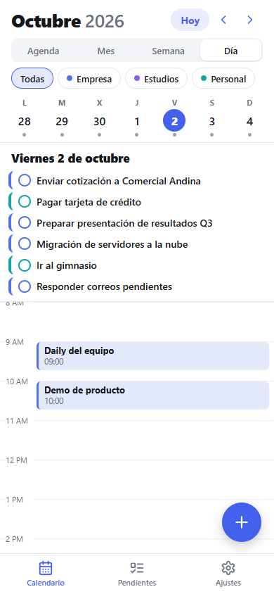 Día por horas con tareas y reuniones