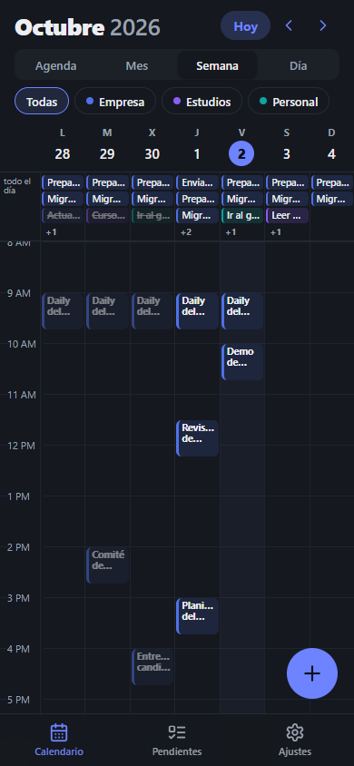 Semana por horas en modo oscuro
