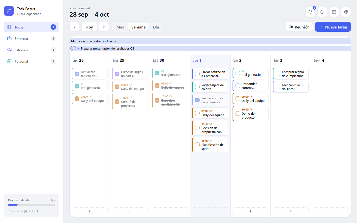 Vista semanal de Task Focus con tareas, reuniones y tareas de varios días