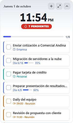 Widget desplegado con las tareas del día